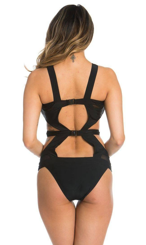 Black Widow Sheer Illusion Cut Out One Piece Swimsuit in Black - SohoGirl.com